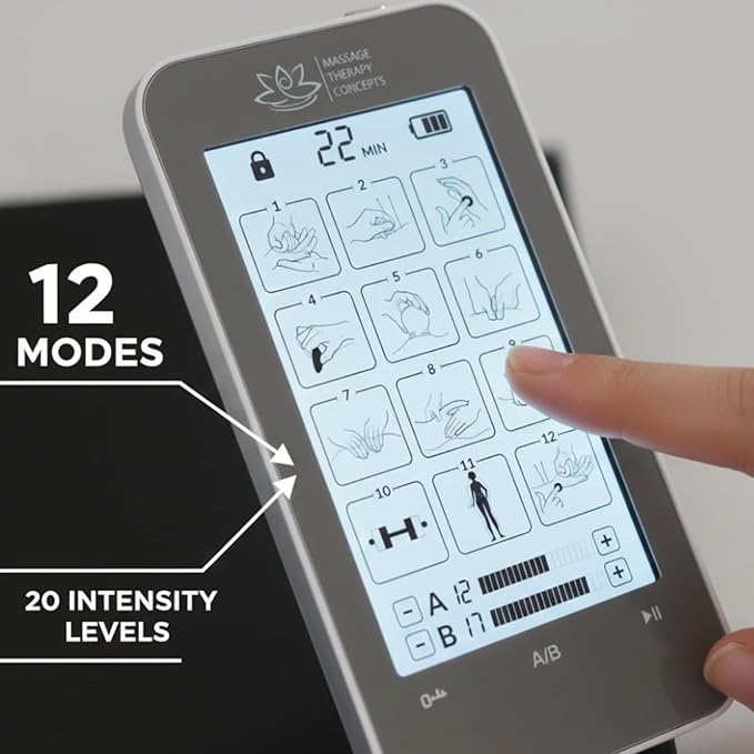 Massage Therapy Concepts TENS Unit Muscle Stimulator for PainRelief - Professional Dual Therapy Machine with 12 Modes and 20 Levels - Complete Accessory Set for Back and Neck Pain MassageTherapyConcepts