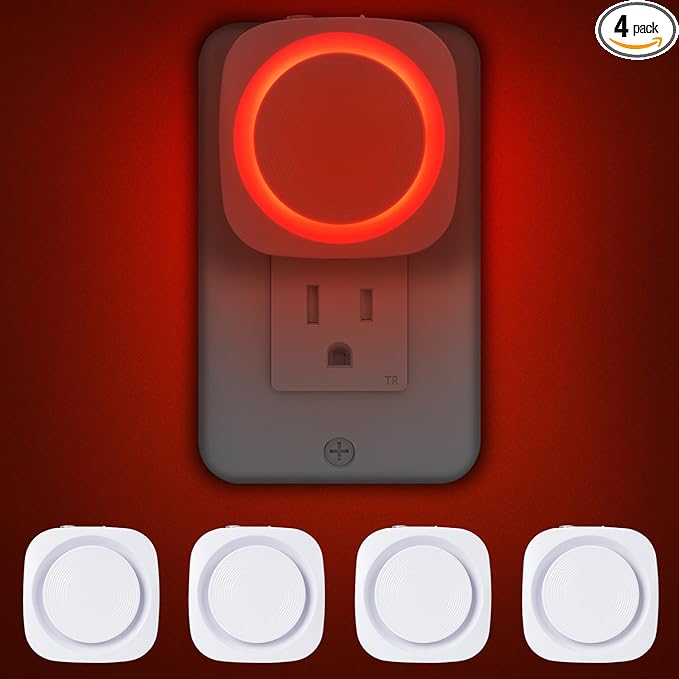 Red Night Lights Plug into Wall, 4 Packs Dimmable Night Light with Dust to Dawn Sensor, Automatically Turn on and Off, Gentle Glow Nightlight for Bathroom,Bedroom,Stairs,Kitchen,Hallway, Red - Bloomnest