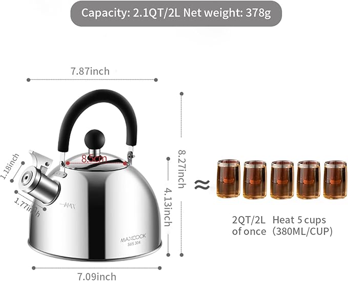 304 Stainless Steel Whistling Tea Kettle 2.1 Quart/2L, Suitable to Boiling Water & Tea on Induction Stove, Gas Stove Top - Bloomnest