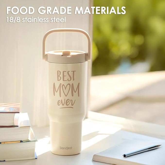 SANDJEST Mom Stainless Steel Straw Lid Tumbler 30oz with Carry Handle for Women, Best Mom Ever Insulated Travel Coffee Cup, Gift for Sports Outdoor Mother's Day Christmas Birthday - Bloomnest