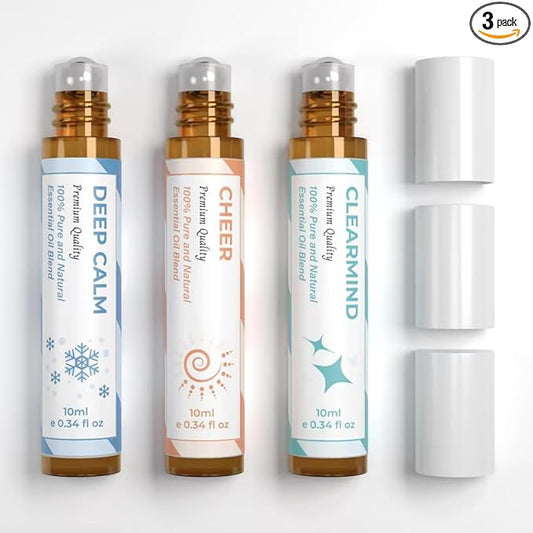 Essential Oil Set (Deep Calm, Cheer, ClearMind), Aromatherapy Roll On Blends for Massage, Body Care & Home Use, Great Fragrance Roller Gift for Men & Women