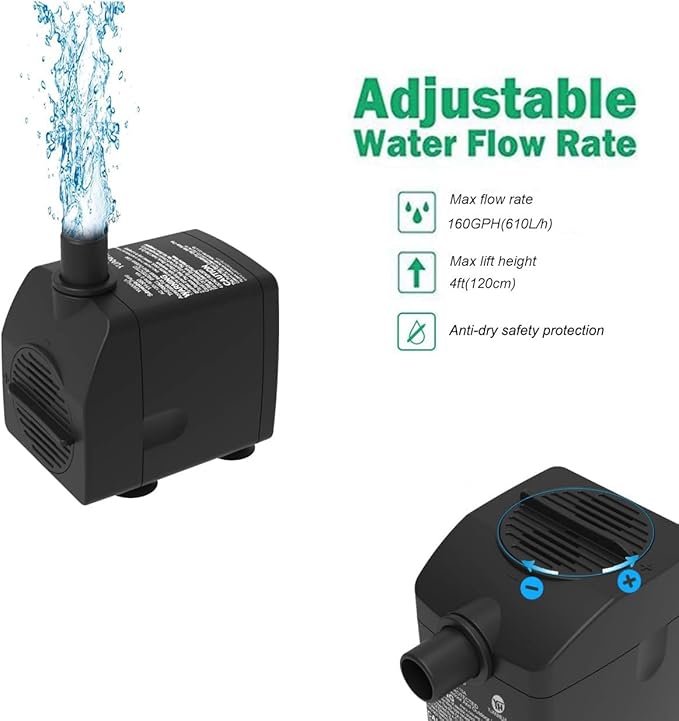 Submersible Water Pump Ultra Quiet with Dry Burning Protection160GPH for Fountains, Hydroponics, Ponds, Aquariums & More … - Bloomnest