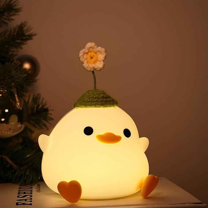 Attivolife Cute Duck Night Light, Animal Soft Silicone LED Lamp with Dimmable and Timer, Portable USB Rechargeable Bedroom Bedside Table Decor, Birthday Christmas Gifts for Girl Boy (Flower Hat) - Bloomnest