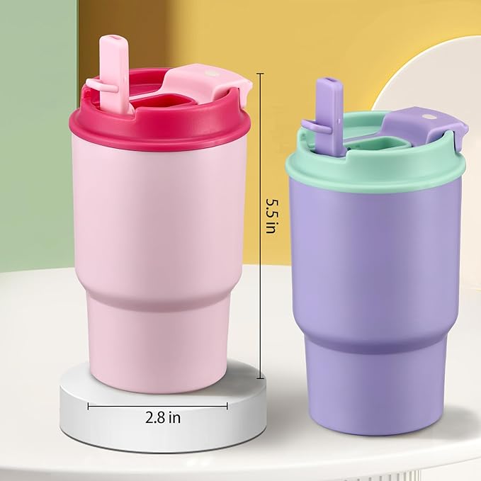 13.5oz Kids Insulated Tumbler with Lid and Straw, BPA-Free Stainless Steel Kids Water Bottle, Leak-Proof& Cupholder Friendly Tumbler for Boys & Girls -2 Pack(Pink+Purple) - Bloomnest