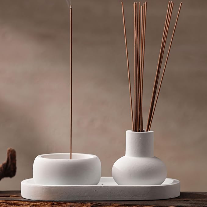 Concrete Incense Burner Set with Holder and Tray,Multifunction Incense Holder for Burning Sage,Palo Santo,Incense Sticks,Ideal for Meditation Home Decor(White) - Bloomnest