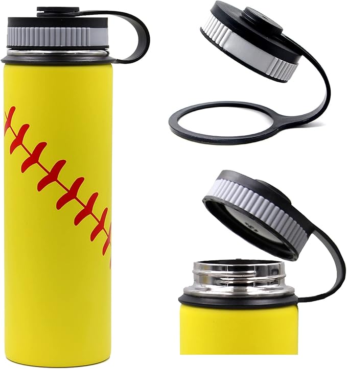 22 oz Softball Water Bottle, Wide Mouth Sports Flask Metal Travel Tumbler with 2 Lids, Stainless Steel Double Wall Vacuum Insulated Leak Proof Thermo Water Bottles, Softball Stuff Gifts for Mom Girls - Bloomnest