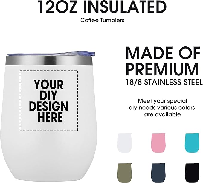 Personalized Custom Wine Tumbler Print in USA 12oz Stainless Steel Travel Coffee Cup with Lid & Straw Double Wall Insulated Mug with Colorful Text Logo Photo - Bloomnest