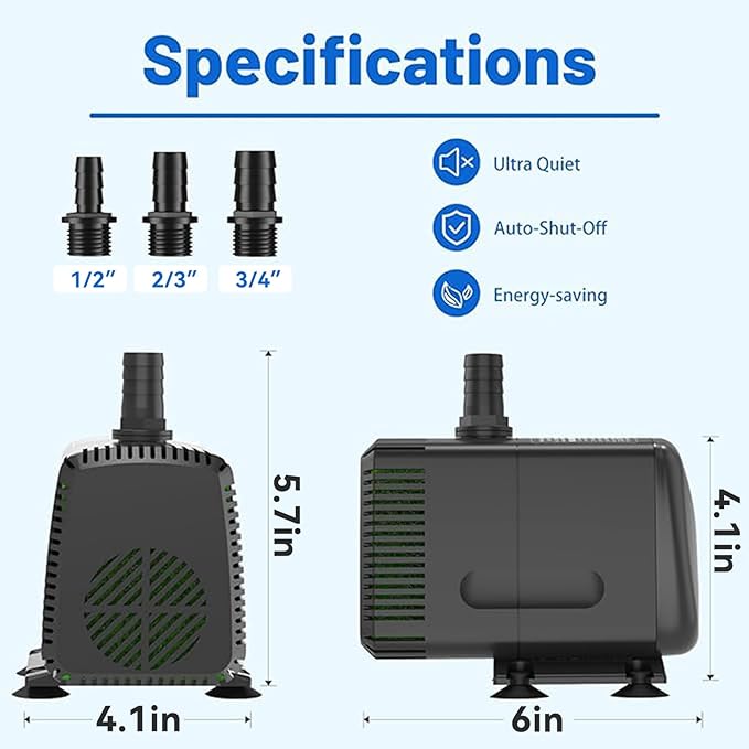 Submersible Pump 880GPH with AUTO-Shut-Off 10ft High Lift for Fountains, Hydroponics, Ponds, Aquariums & More - Bloomnest