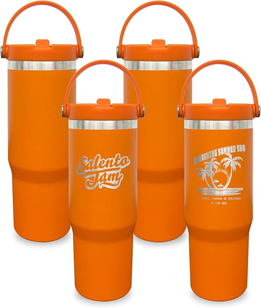 30 oz Tumbler with Handle, Double Wall Vacuum Insulated Tumblers with Flip Straw, Coffee Mug 30oz Powder Coated Cup for Hot and Cold Drinks(Orange,4 pack)