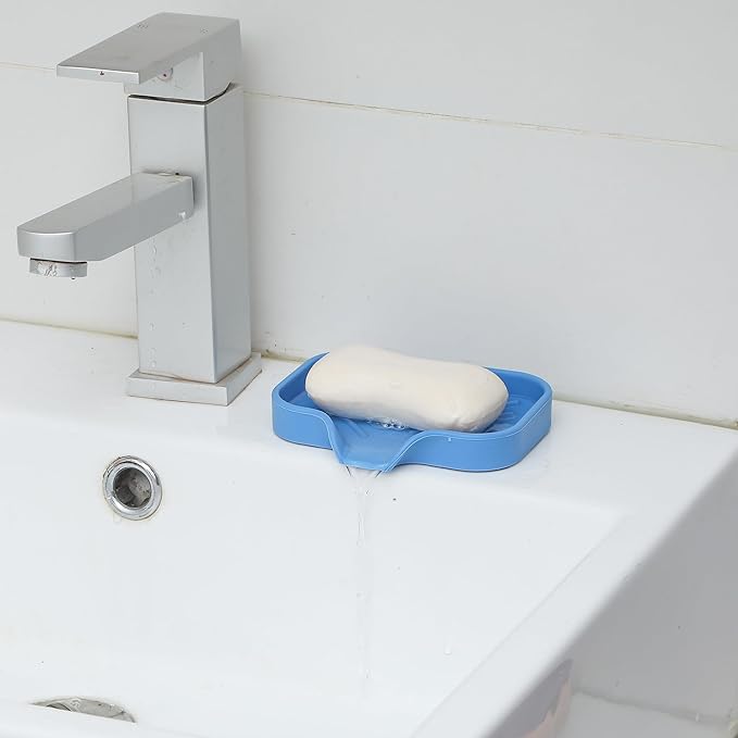Silicone Bathroom Soap Dishes with Drain Spout-Bathroom and Kitchen Sink Organizer,Sponge Holder,Dish Soap Tray,Perfect for Dispenser,Scrubber,Bottle,Cup on Counter Lichen Blue 4.9"×3.2" - Bloomnest
