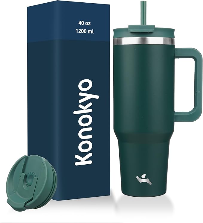 40 oz Tumbler with Handle and 2 Straws,2 in 1 Lid Insulated Water Bottle Stainless Steel Travel Coffee Mug,Dark Green - Bloomnest
