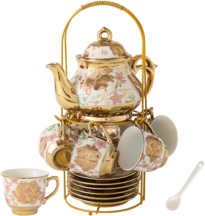 CHANJOON Gold Plated Red Rose Ceramic Tea Set, Vintage Tea Sets with Teapot, Beautiful Tea Set Coffee Serving 6 People (pink, Medium) - Bloomnest