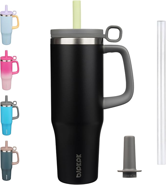 BJPKPK Insualted Tumblers with Handle and Straw 40oz Stianless Steel Travel Coffee Mug Thermal Cups with Lid,Black - Bloomnest