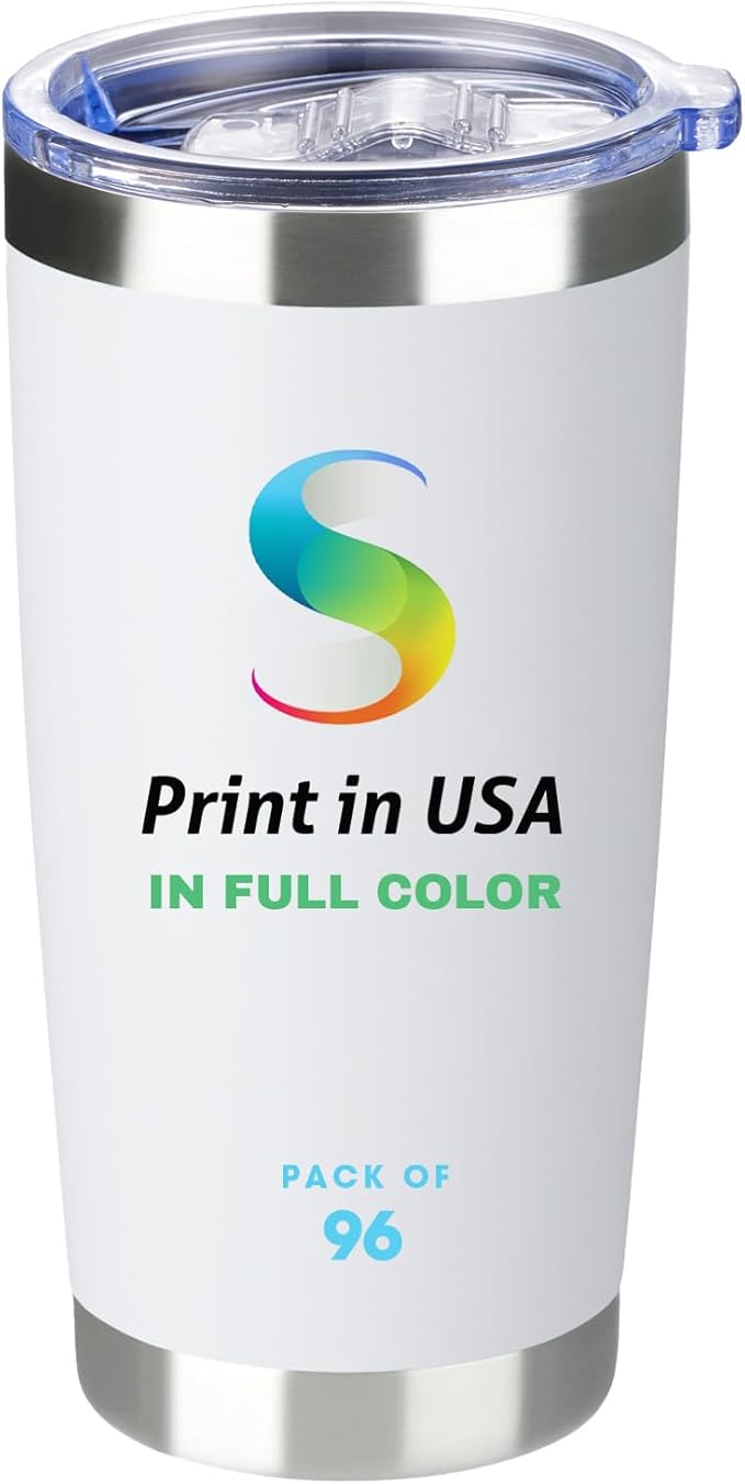 Personalized Custom Print in USA Tumbler 96Pcs 20oz Stainless Steel Double Wall Coffee Cup with Lid & Straw Insulated Tumbler with Colorful Text Logo Photo