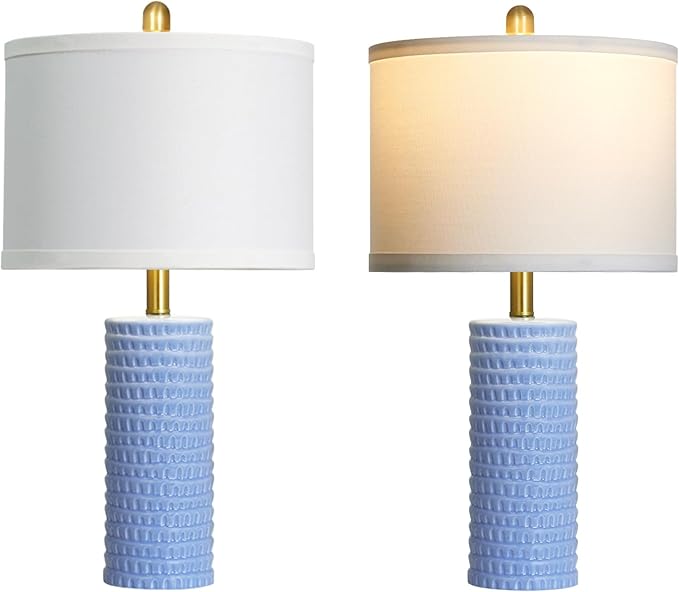24.5" Table Lamp Set of 2, Modern Ceramic Bedside Lamps for Night Stands, Classic Small Lamp Nightstand Lamp for Bedroom Living Room Desk End Table Rotary Switch Blue - Bloomnest