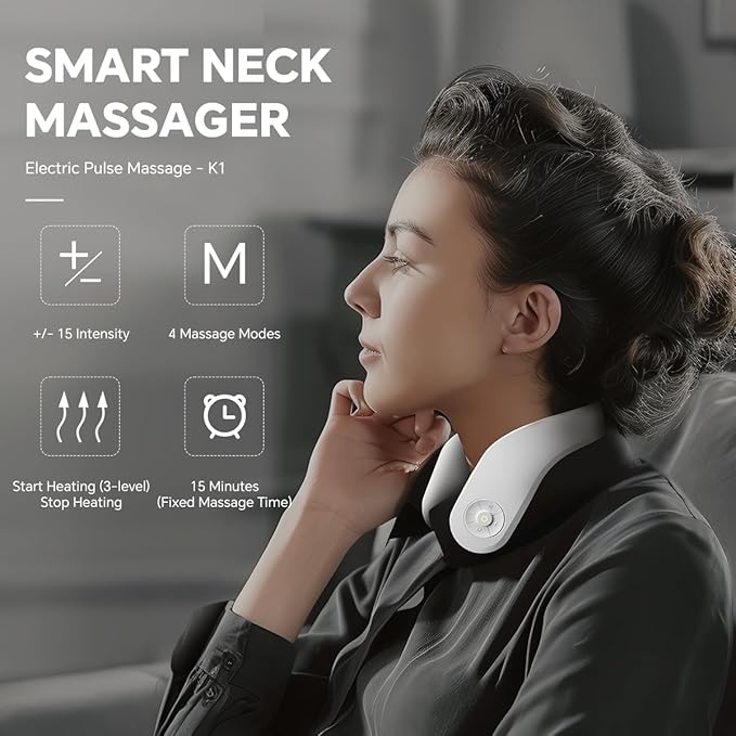 Neck Massager with Heat - Deep Tissue Pain Relief, Promote Muscle Relaxation, 3 Heat Settings, 4 Modes &15 intensities, Ergonomic Design, Gifts for Men Women