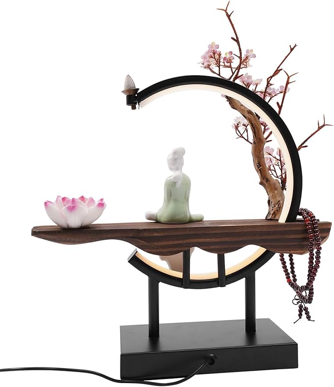 Backflow Incense Holder Incense Burner with Adjustable LED Light Ring Chinese Style Handmade Flower Censer,Compatible with Cone and Stick Incense (C) - Bloomnest
