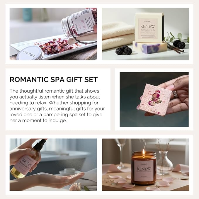 Anniversary Gifts for Women | Romantic Home Spa Kit for Women with Rose Candle, Bath Bomb, Bath Salts, Soap & Body Oil. Birthday Gifts for Wife, Girlfriend Gifts, Long Distance Relationship Gifts.