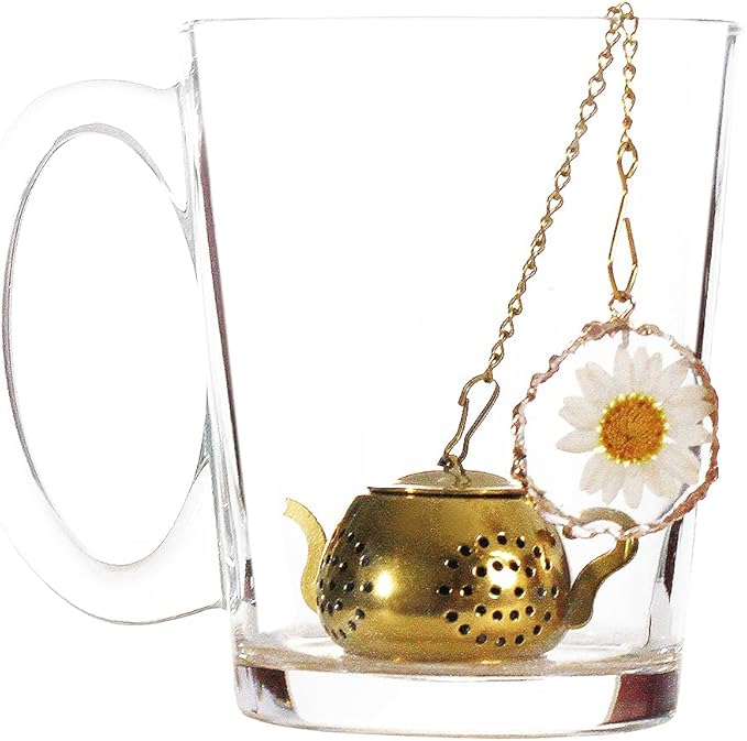Tea Infuser with Real Daisy Flower in Resin Pendant with Gold Rim Stainless Steel Tea Infuser for loose tea leaf steeper Tea Strainer (Cup not included) (A)