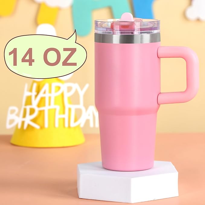 Cosictic 14 Oz Flip Straw Tumbler with Handle for Kids, Stainless Steel Double Wall Insulated Cup for Children with Flip Top Lid, 14 Oz Leak-proof Cups for Kids, Hot Pink and Pink - Bloomnest