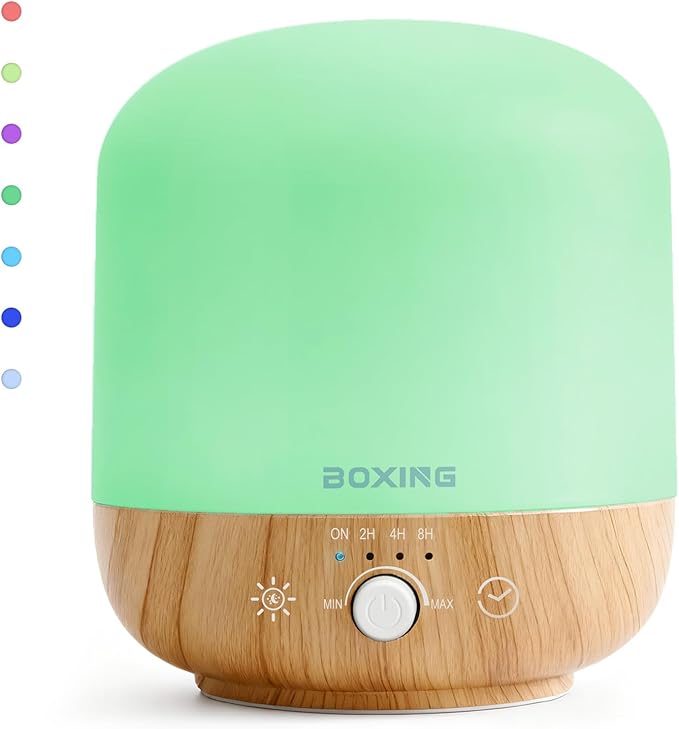 BOXING 300ML Essential Oil Diffuser, Diffusers for Home&Large Room, Aromatherapy Diffuser with 7 Colors Night Light Perfect for Bedroom Baby, Stepless Knob Control,Timer,Quiet,Auto Shut Off,White&Wood - Bloomnest