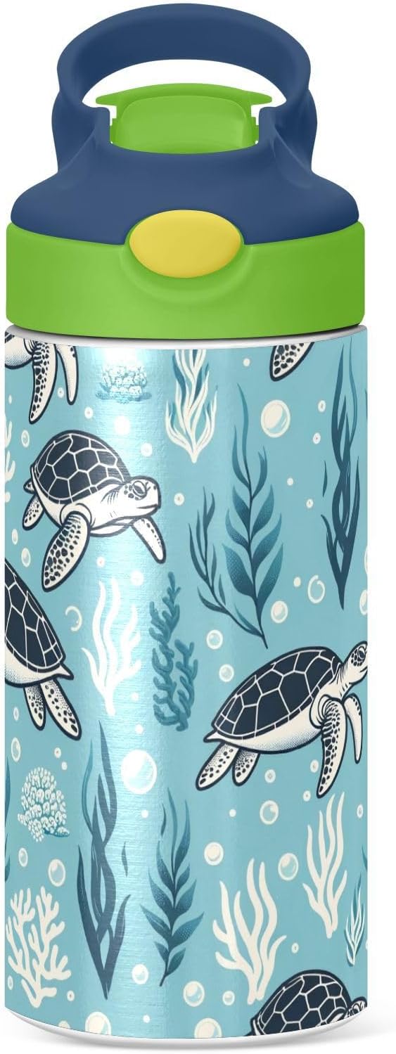 Turtle Water Bottle with Straw Lid Kids Blue Ocean Insulated Tumbler with Handle Stainless Steel Reusable Toddlers Cup for Kids Boys 12 oz - Bloomnest