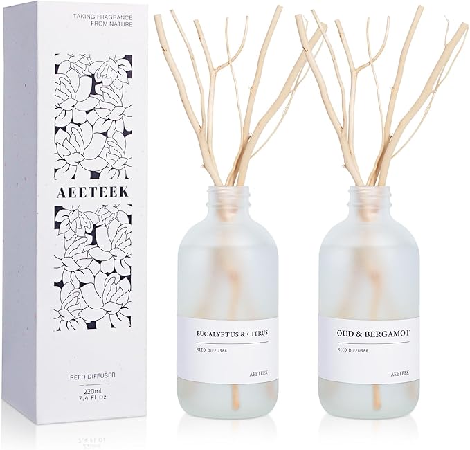 Eucalyptus Citrus & Oud Bergamot Reed Diffuser Set of 2, 14.8 oz(220mlx2) Scented Oils with Willow Branches Diffuser Sticks, Long Lasting Essential Oil, Air Freshener for Home, Office AEETEEKHOMEFRAGRANCE
