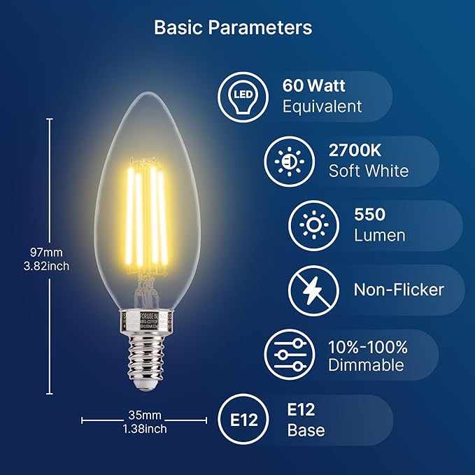 FLSNT 60W Equivalent LED Candelabra Bulbs, Dimmable LED Chandelier Bulbs, E12 Base, 550LM, 90+ High CRI, 12 Pack, 2700K Soft White UL,CA65 Listed. - Bloomnest