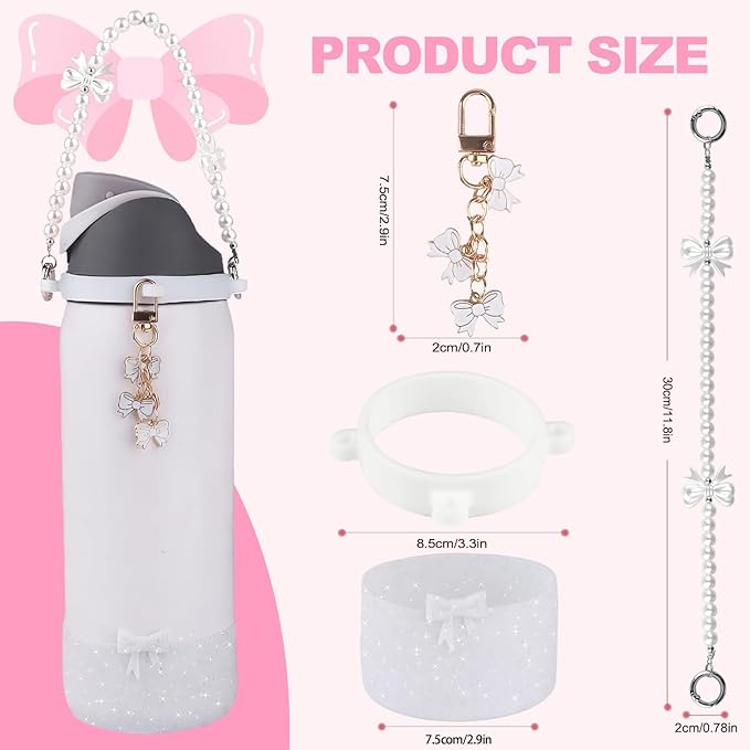 Water Bottle Accessories Set for Owala FreeSip 24oz、32 oz– Includes Pearl Handle Strap, Bow Charms,2.9in .3inch Silicone Bling Boot for Owala Accessories for Women Bloomnest