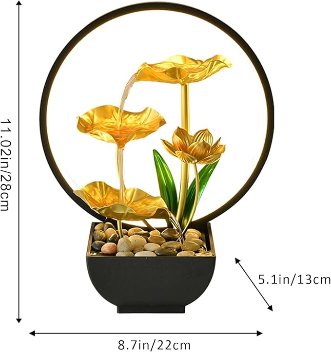 Tabletop Water Fountain with Led Light, Gold Lotus Waterfall Fountain Indoor 11 in USB Powered Flower Waterfall Zen Table Fountains with 1 Replacement Water Pump - Bloomnest