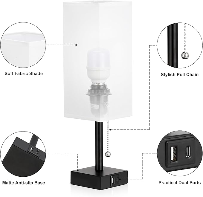 Bedside Table Lamps Set of 2 - Small White Bedroom Lamps with 3 Color Temperatures (3000K/5000K/4000K), Square Nightstand Lamp with USB C + A Charging Ports, Pull Chain Night Light - Bloomnest