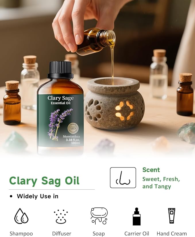 Clary Sage Essential Oil Pure, Mumianhua Natural Clary Sage Oil for Diffuser, Hair,Skin, Candle,Soap Making,Aromatherapy 3.38 Fl Oz - Bloomnest