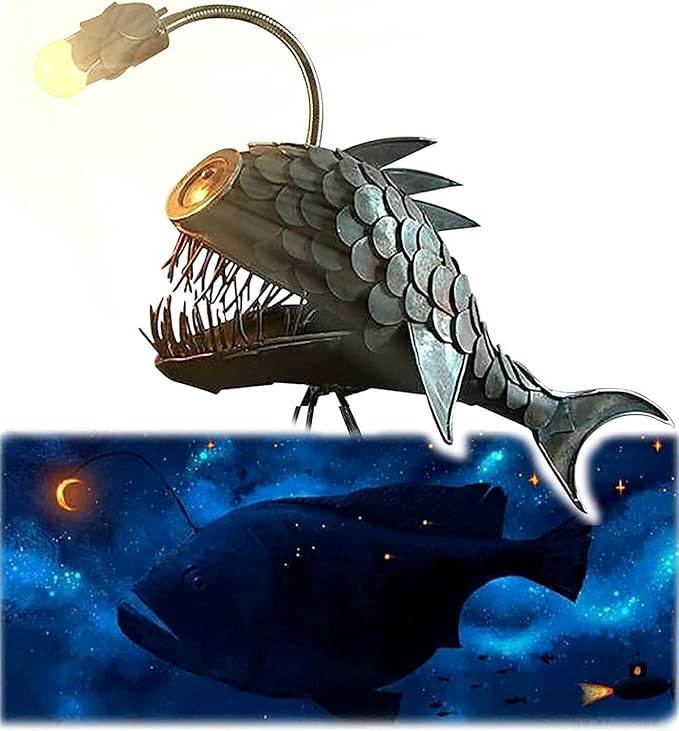 CAFELE Rustic USB Angler Fish & Shark Lamp - Steampunk Style Table Light, Simulation Flame LED Bulbs, Handmade Night & Book Light, Industrial Creative Decor for Home/Office (Small) - Bloomnest