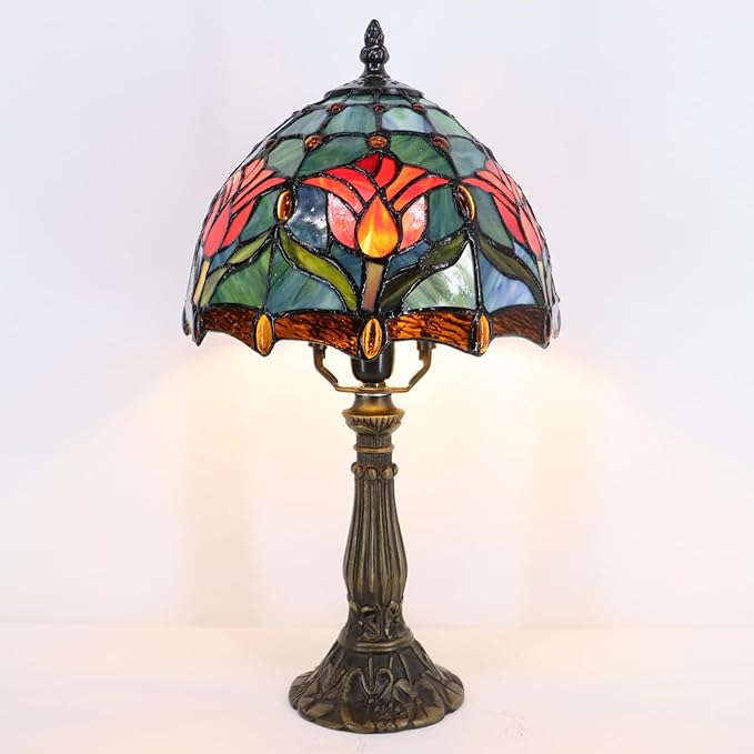 Small Tiffany Lamp Mini Accent Table Lamp Stained Glass Desk Memory Lamp Sympathy 8X14.5 Inch (Tulip Style) - Bloomnest