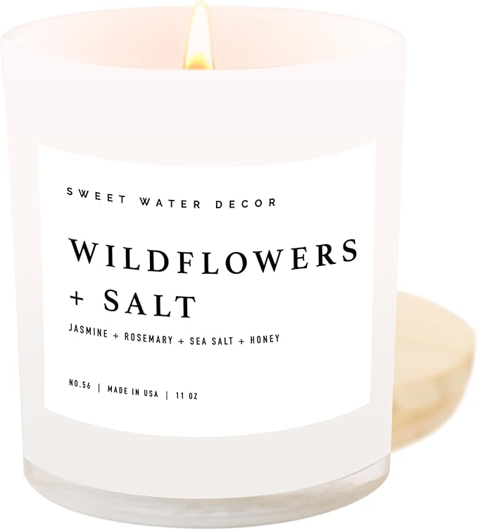 Sweet Water Decor Wildflowers and Salt Soy Candle - Jasmine, Rosemary, Sea Salt, and Honey Scented Spring Candle for Home - 11oz Jar Candle with Wood Lid, 50+ Hour Burn Time, Made in The USA - Bloomnest