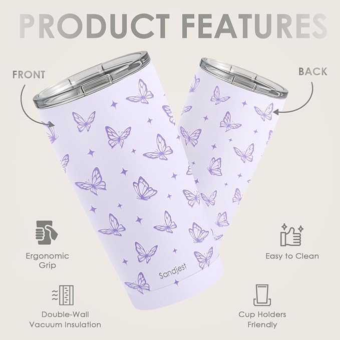 SANDJEST Butterfly Tumbler 20oz, Stainless Steel Travel Cup with Lid, Insulated Coffee Mug, Butterfly Gifts for Women Girls Friends Sisters on Birthday Christmas - Bloomnest