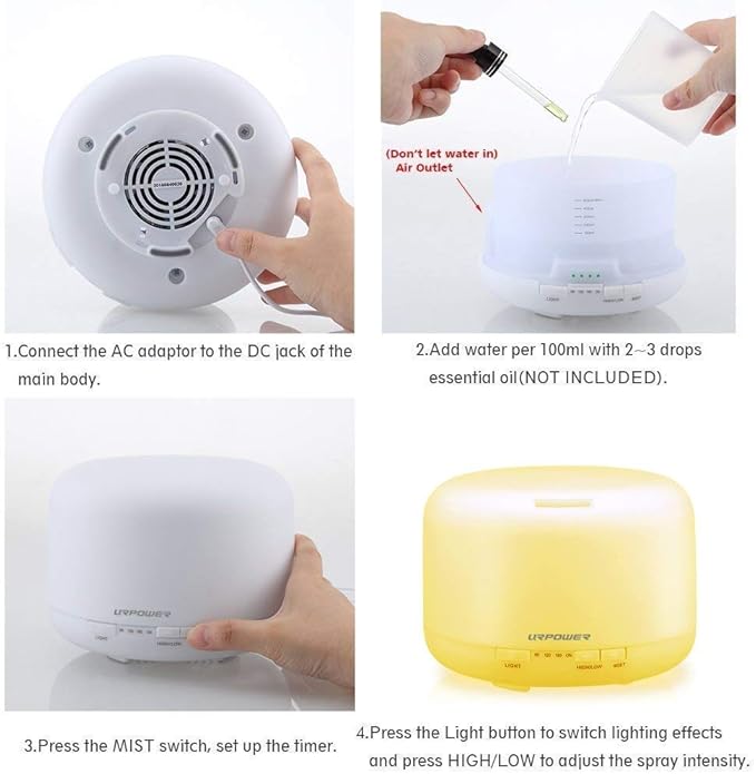 URPOWER Upgraded 500ML Essential Oil Diffuser Humidifiers Ultrasonic Aromatherapy Diffusers with 4 Timer Settings and Waterless Auto Shut-Off for Home Office Living Room Yoga Spa - Bloomnest