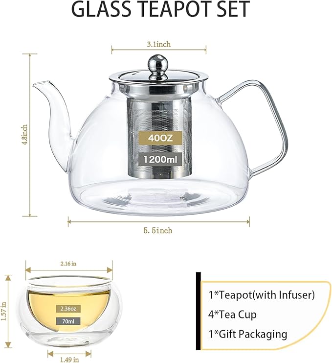 1200ml/40 oz Glass Teapot with 4 Double Wall Teacups and Removable Stainless Steel Infuser, Tea Sets for Adults, Clear Tea Kettle Stovetop Safe for Loose Leaf and Blooming Tea, Tea Maker Gift - Bloomnest