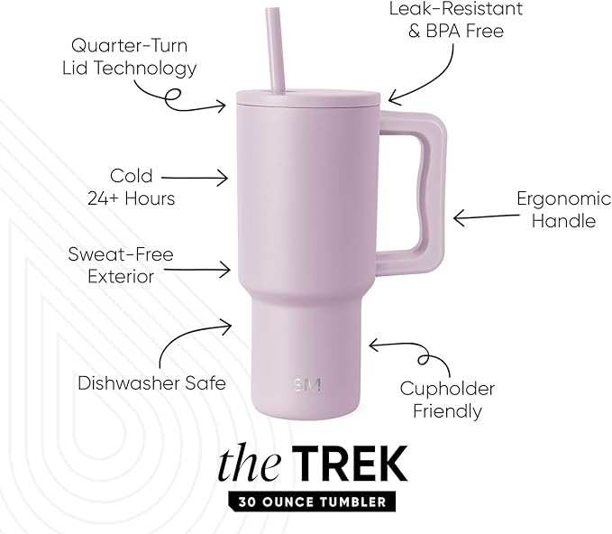 Simple Modern 30 oz Trek Tumbler with Handle and Straw Lid | Cup Holder Friendly Insulated Stainless Steel Travel Mug | Lavender Mist SimpleModern