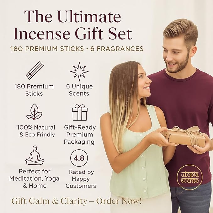 Premium Incense Sticks, Lavender, Sandalwood, Jasmine, Patchouli, Nag Champa, Vanilla, Variety Gift Pack 180 Sticks, Includes a Holder in Each Box - Bloomnest