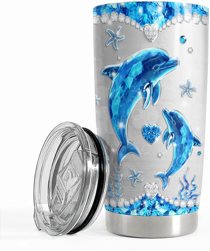 SANDJEST Dolphin Tumbler 20oz Stainless Steel Insulated Tumblers Coffee Travel Mug Cup Jewelry Drawings Style Gifts for Women Girls Teen Gift for Birthday Christmas - Bloomnest