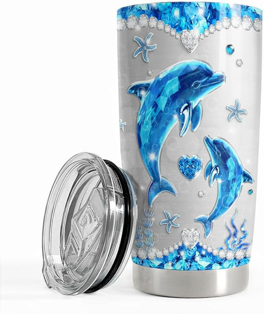 SANDJEST Dolphin Tumbler 20oz Stainless Steel Insulated Tumblers Coffee Travel Mug Cup Jewelry Drawings Style Gifts for Women Girls Teen Gift for Birthday Christmas - Bloomnest