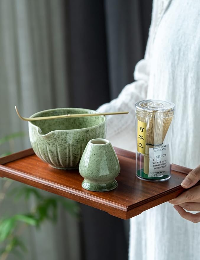TANG PIN Matcha Set - Match Bowl with Spout and Whisk, 15 OZ, Matcha Scoop | Matcha Whisk Stand (Chasen Holder) - 4pc Perfect Matcha Kit for Matcha Tea Ceremony (Mottled Green) - Bloomnest
