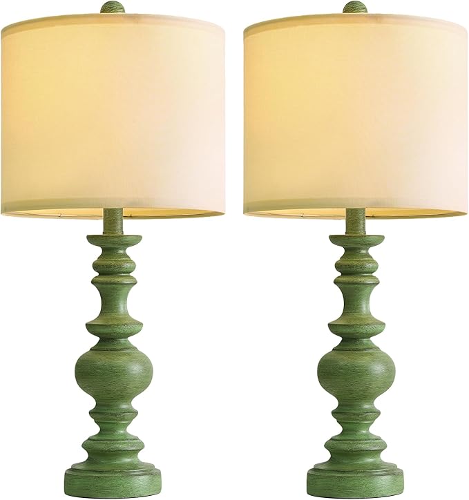 BOBOMOMO 24" Farmhouse Table Lamps Set of 2 – Sage Green Bedside Lamps with Linen Shades, Medium Traditional Lamps for Living Room, Bedroom, and Entryway, Vintage Lamp with Soft Natural Serenity - Bloomnest