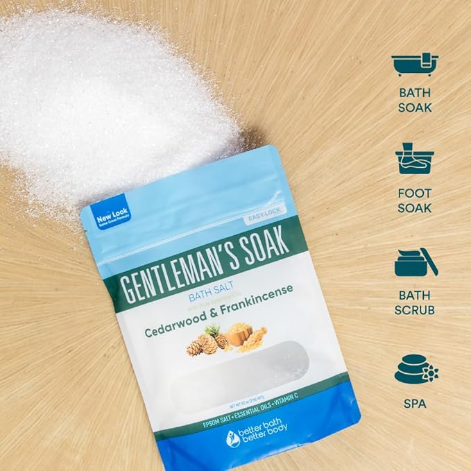 Gentleman's Bath Salt 32 Ounces Epsom Salt with Natural Cedarwood, Frankincense, Eucalyptus and Peppermint Essential Oils Plus Vitamin C in BPA Free Pouch with Easy Press-Lock Seal - Bloomnest