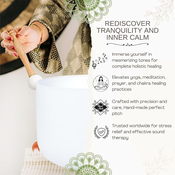 10 inch White A Note Third Eye Chakra Quartz Crystal Singing Bowl, for Healing Mindfulness Meditation Yoga Sound Baths, with Rubber Mallet O-ring