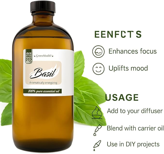 Basil Essential Oil – 16 fl oz (473 ml) Amber Glass Bottle – 100% Pure, Undiluted, Therapeutic Grade – Fresh, Herbaceous Aroma – GreenHealth - Bloomnest