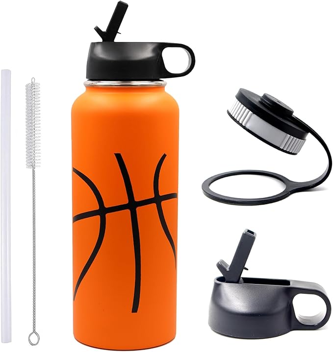 40 oz Basketball Water Bottle, Wide Mouth Sports Flask Metal Travel Tumbler with 2 Lids, Stainless Steel Double Wall Vacuum Insulated Thermo Water Jug, Basketball Accessories Gifts for Boys Girls - Bloomnest