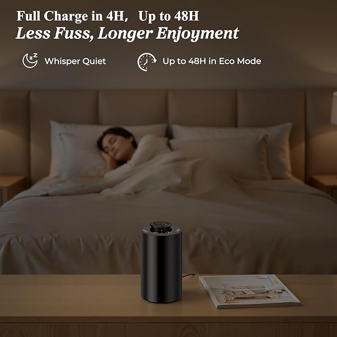 URPOWER Waterless Essential Oil Diffuser: No Water Needed Battery Operated Scent Diffuser - 2 * 20ML Hotel Fragrance Essential Oils - Cordless & Mini Oil Machine Aluminum for Car Home Office(Black) - Bloomnest