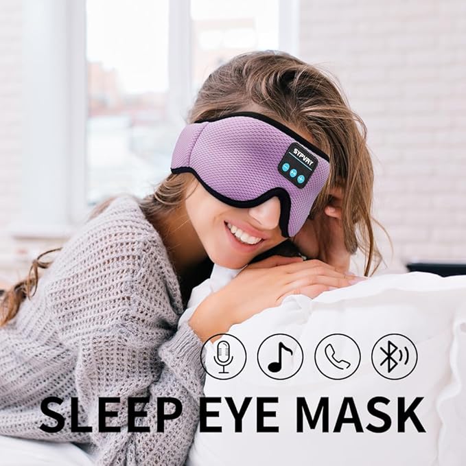 Sleep Mask Bluetooth Headphones Soft Wireless Headband Eye Mask Blackout with Microphone (Purple) - Bloomnest